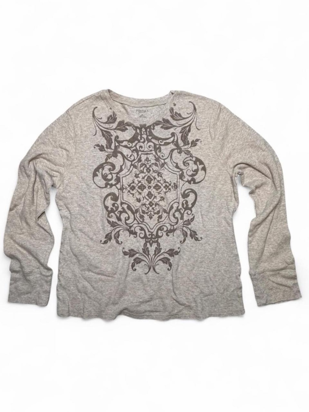 Sonoma Gray Scoop Neck Sweater with Ornate Front Print